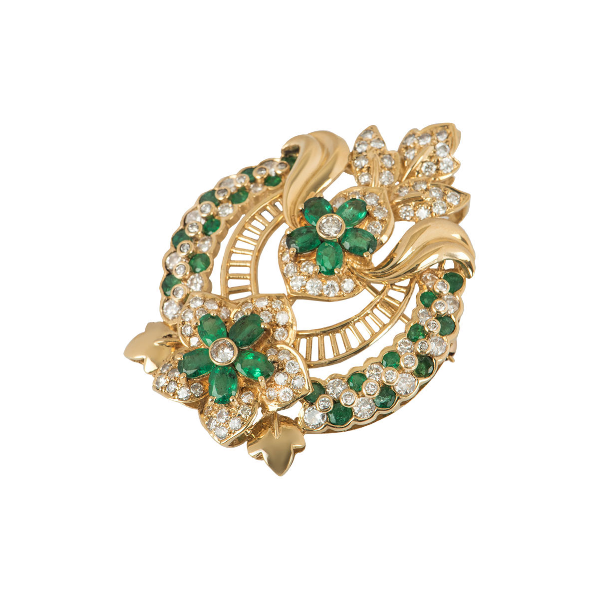Yellow Gold Diamond And Emerald Floral Pendant/Brooch